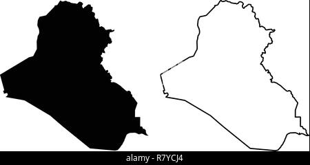 Simple (only sharp corners) map of Iraq vector drawing. Mercator projection. Filled and outline version. Stock Vector