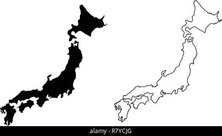Simple (only sharp corners) map of Japan vector drawing. Filled and outlined version. Stock Vector