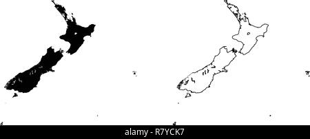 Simple (only sharp corners) map of New Zealand vector drawing. Mercator projection. Filled and outline version. Stock Vector