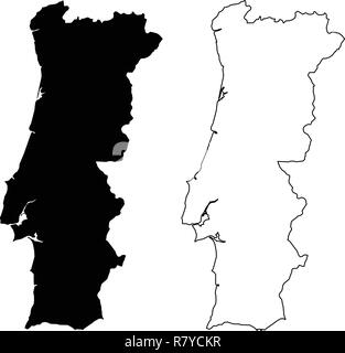 Simple (only sharp corners) map of Portugal vector drawing. Mercator projection. Filled and outline version. Stock Vector