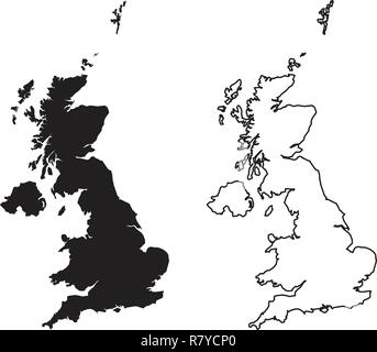 Simple (only sharp corners) map of - United Kingdom of Great Britain and Northern Ireland vector drawing. Mercator projection. Filled and outline vers Stock Vector