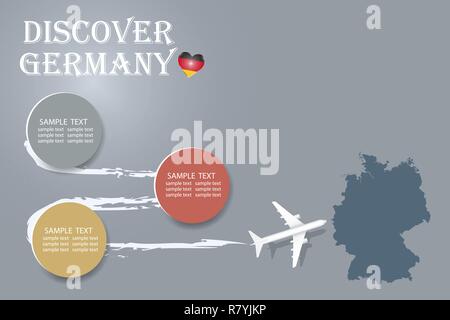 Discover Germany template vector showing the plane approaching the blind map of Germany.  The pattern has plenty of room for your notes and photos. Stock Vector
