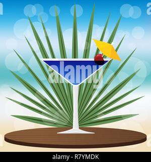 Blue lagoon cocktail on wooden classic  tray , on blurred background with bokeh vector illustration for web and print, invitation and menus for bar Stock Vector