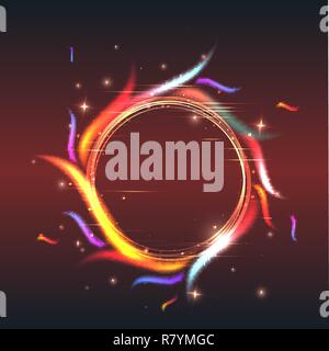 Circle of fire with colorful  flames  and neon lights motion border with tinsel on red background, frame for cover poster for web and print vector tem Stock Vector