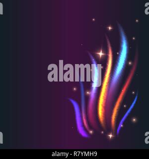 Creative decoration with fire with colorful  flames  and neon lights motion effect   background and  tinsel, cover poster for web and print vector mod Stock Vector