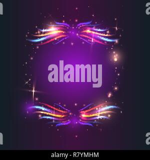 Circle of fire with colorful  flames  and neon lights motion effect  on purple background with border with tinsel, Border frame for cover poster for w Stock Vector