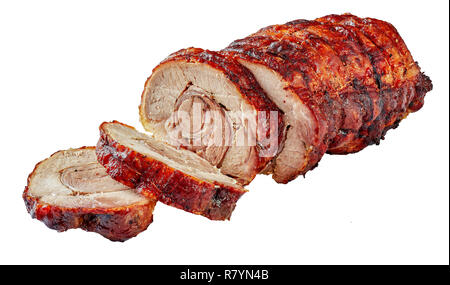 Porchetta - savoury, fatty, and moist boneless pork roast of Italian culinary tradition, sliced Rolled pork belly, isolated on white background, close Stock Photo