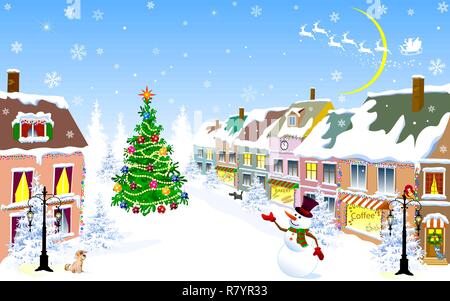 City street in the winter Christmas night. Snowman welcome. Santa Claus on a sleigh with reindeer. Christmas tree. Houses covered with snow. Winter ni Stock Vector
