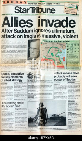 StarTribune front page headline on 2/24/91, allies invade, attack on Iraqis is massive and violent St Paul Minnesota MN USA Stock Photo