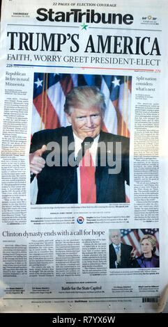 StarTribune Newspaper 11/10/16 front page headline showing 'Trumps America' Presidency with concerns of faith and worry. St Paul Minnesota MN USA Stock Photo