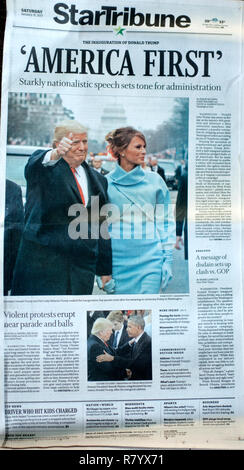 StarTribune Newspaper headline 'America First' with Inauguration photo of President Trump and First Lady Melania 1/21/17. St Paul Minnesota MN USA Stock Photo