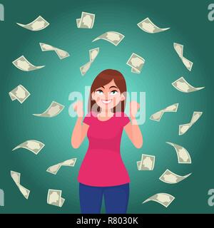 Cash / money / bank notes /currency bills falling around successful happy young business woman isolated in colour background. Business and finance Stock Vector