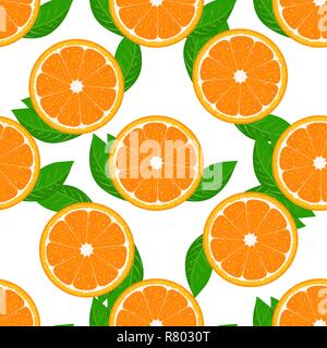 Orange fruit seamless with leaf. High detailed sliced oranges. Flat color Vector Illustration. Stock Vector