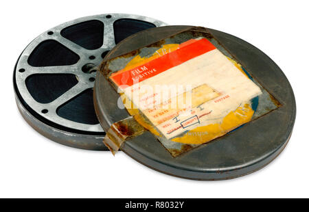 Vintage 1940s home movie canister and film reel. isolated Stock
