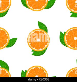 Orange fruit seamless with leaf. High detailed sliced oranges. Flat color Vector Illustration. Stock Vector
