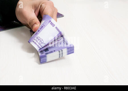 Portrait of hand with new Indian currency notes. Isolated on the white background. Stock Photo