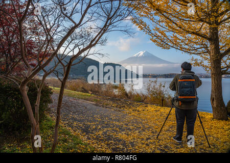 Yamanashi, Japan - November 8, 2018: Photographer taking photo by camera on tripod of Fuji san in public park in Yamanashi, Japan Stock Photo