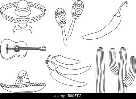 Line art black and white 8 mexican elements. Stock Vector