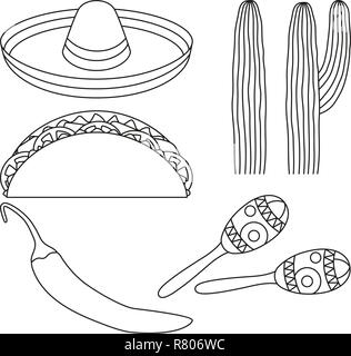 Line art black and white 5 mexican elements. Stock Vector
