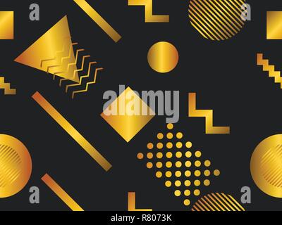 Memphis seamless pattern with geometric shapes and golden gradient. Retro style 80s. Vector illustration Stock Vector