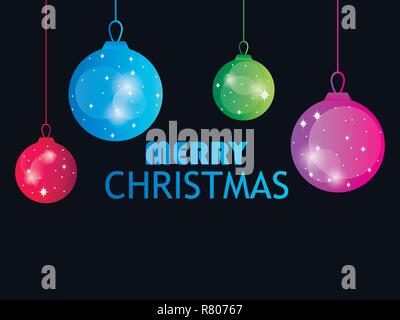 Merry Christmas. Hanging Christmas balls on black background. Multi colored gradient. Bokeh effect. Vector illustration Stock Vector