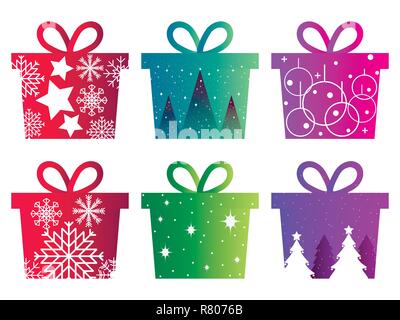 Set of Christmas boxes with a pattern and gradient. Icons isolated on white background. Vector illustration Stock Vector