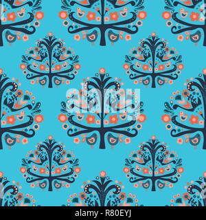 Scandinavian folk art tree birds seamless pattern Stock Vector
