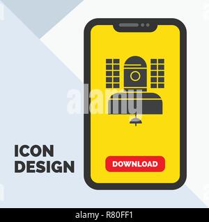 Satellite, broadcast, broadcasting, communication, telecommunication Glyph Icon in Mobile for Download Page. Yellow Background Stock Vector