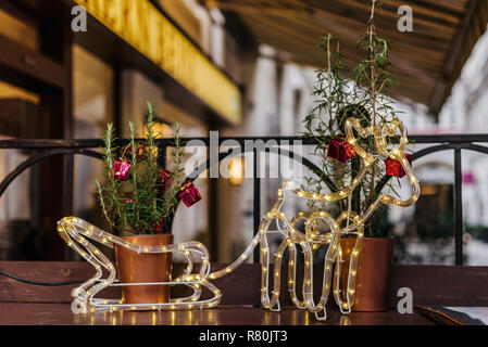 Vienna, Austria - December 30, 2017. Illuminated dear with sleigh from light garland and plants in pots decorated with wrapped in red paper gifts. Chr Stock Photo
