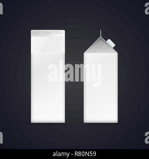 vector white blank mock up paper tetra pack vertical package with plastic cap two angles realistic illustration with shadow template design isolated o Stock Vector