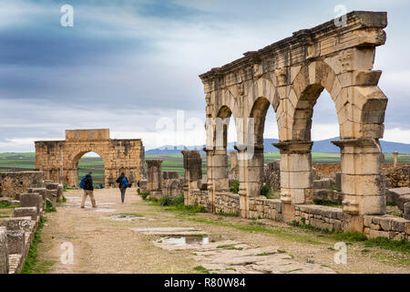 Morocco, Meknes, Volubilis Roman site, three arches on Decumanus Maximus, to Triumphal Arch of Caracalla Stock Photo