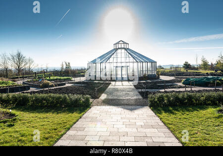 RHS Hyde Hall, global growth vegetable garden, octagonal glasshouse. Stock Photo