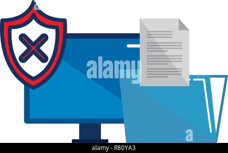 desktop with shield and folder documents vector illustration design Stock Vector