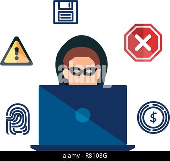 hacker using laptop with security icons vector illustration design Stock Vector