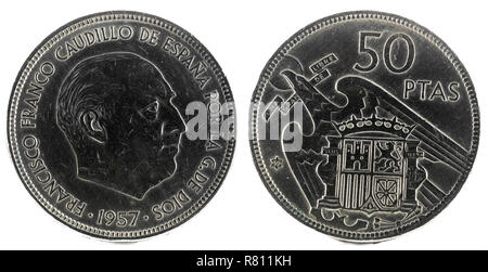Old Spanish coin of 50 pesetas, Francisco Franco. Year 1957, 59 in the star. Stock Photo