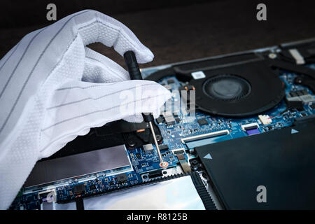 Hands of the technician repairing a computer, Professional laptop repair,Close up with selective focus. hand in a white glove holds a screwdriver on the background of disassembled modern ultrabook. Stock Photo
