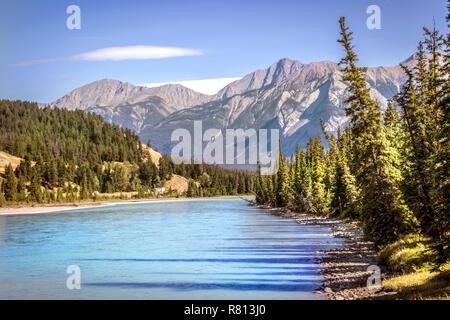 Beautiful lake with pine trees around with rock mountains in a blue sky day during the summer at Banff National Park in Canada Stock Photo