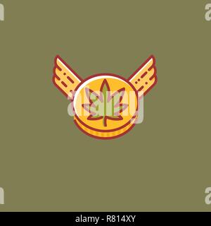 Cannabis coin with wings flying high. Flat design vector icon Stock Vector