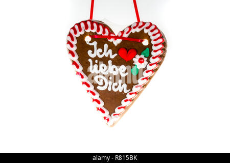 Gingerbread heart with the writing 'Ich liebe Dich', German for 'I love you' Stock Photo