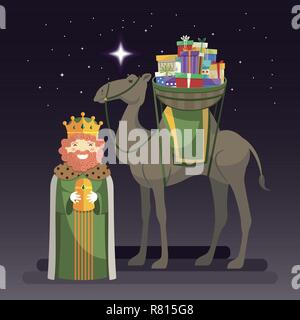 Three kings day with King Caspar, camel and gifts at night. Vector illustration Stock Vector