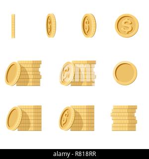 Coins stack set vector illustration, flat coin money stacked icon flat, golden penny cash pile, treasure heap isolated on color background Stock Vector