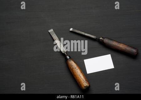 joinery tools on wood table background with business card and copy space. Flat lay Stock Photo