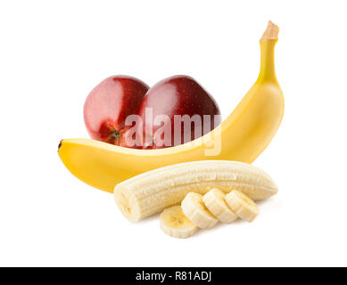 Banana. Ripe bananas with apples isolated on a white background. Freshly sliced bananas. Red apples Stock Photo