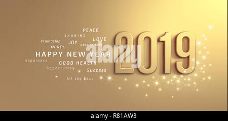 New Year 2019 date number and Greetings on a glittering gold background - 3D illustration Stock Photo