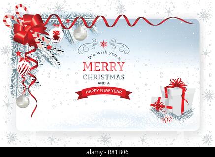Christmas background with decoration and paper.Decorative Christmas festive background with Christmas balls stars and ribbons. Stock Vector