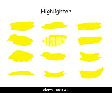 Yellow watercolor hand drawn highlight set. Vector highlighter brush lines. Marker pen highlight underline strokes Stock Vector
