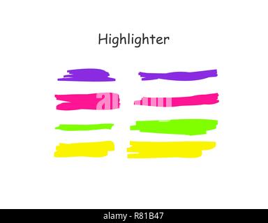 Highlight brush stroke set. Vector color marker pen lines. Yellow, pink, purple, green underline hand drawn highlight strokes on white background Stock Vector