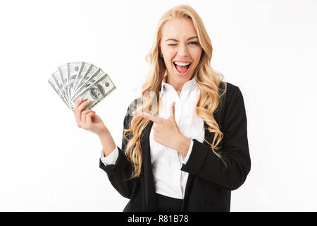 Portrait of happy woman wearing office clothing holding fan of money isolated over white background Stock Photo