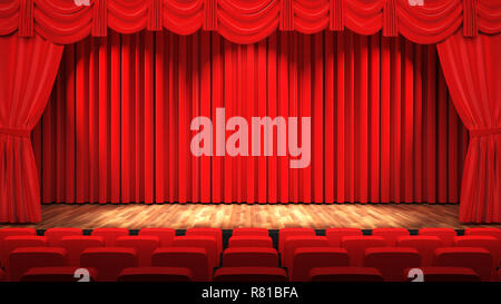 Empty theatre hall with stage, red curtain and seats, 3D rendering Stock Photo