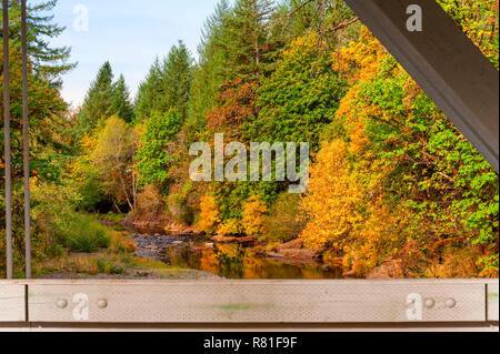 Autumn view from the decks of Oregon's Hannah covered bridge crossed Thomas Creek in Linn County near the town of Scio and built in 1936. Stock Photo